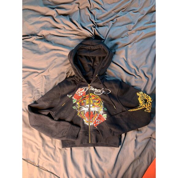 Women’s NWOT Ed Hardy black y2k vibes cropped zip up tiger sweatshirt LARGE - Picture 1 of 4